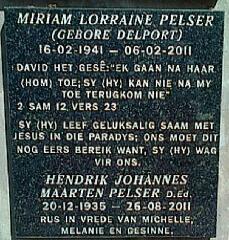 PELSER Hendrik Johannes Maarten 1935-2011 &amp; Miriam Lorraine DELPORT 1941-2011