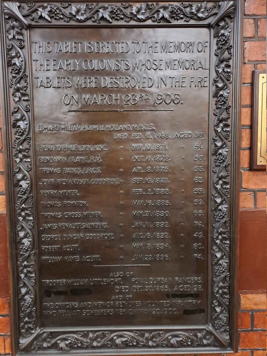 1. In memory of those whose memorial tablets were destroyed during the fire in 1906. See list of names.