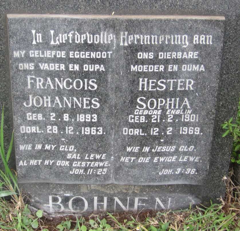 BOHNEN Francois Johannes 1893-1963 &amp; Hester Sophia ENSLIN 1901-1969