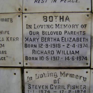 BOTHA Richard William 1917-1974 &amp; Mary Bertha Elizabeth 1918-1974