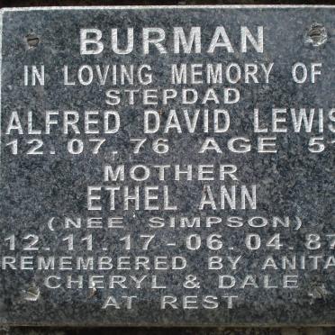 BURMAN Alfred David Lewis -1976 &amp; Ethel Ann SIMPSON 1917-1987