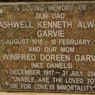 GARVIE Ashwell Kenneth Alwyn 1918-1972 &amp; Winifred Doreen DANIELS 1917-2000