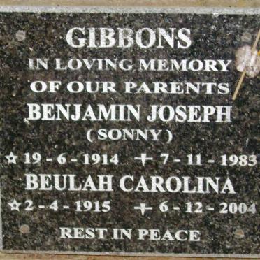 GIBBONS Benjamin Joseph 1914-1983 &amp; Beulah Carolina 1915-2004