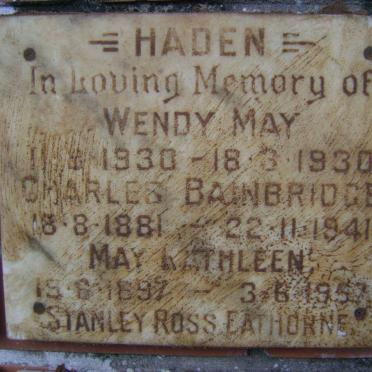HADEN Charles Bainbridge 1881-1941 &amp; May Kathleen 1897-1957 :: HADEN Wendy May 1930-1930