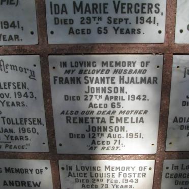 JOHNSON Frank Svante Hjalmar -1942 &amp; Renetta Emelia -1951
