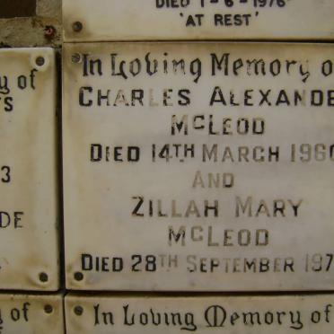 Mc LEOD Charles Alexander -1960 &amp; Zillah Mary -1973