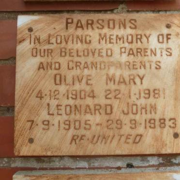 PARSONS Leonard John 1905-1983 &amp; Olive Mary 1904-1981