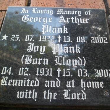 PLANK George Arthur 1922-2002 &amp; Joy LLOYD 1931-2002