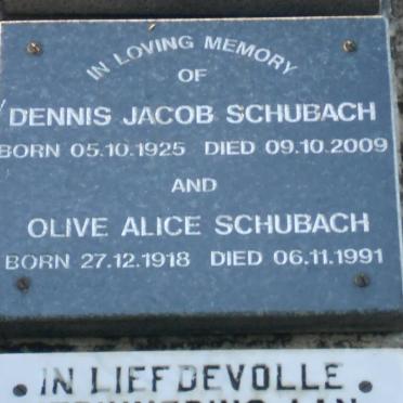 SCHUBACH Dennis Jacob 1925-2009 &amp; Olive Alice 1918-1991
