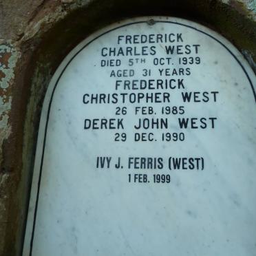 WEST Frederick Charles -1939 :: WEST Frederick Christopher -1985 :: WEST Derek John -1990 :: FERRIS Ivy J. formerly WEST -1999