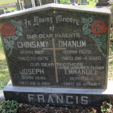 FRANCIS Chinsamy 1917-1975 &amp; Dhanum 1920-1980 :: FRANCIS Joseph 1940-1981 :: FRANCIS Emmanuel 1941-1997