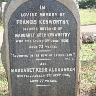 KENWORTHY Francis -1935 &amp; Margaret Kerr ALEXANDER -1945