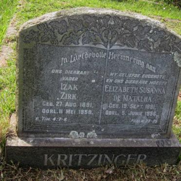 KRITZINGER Izak Zirk 1891-1958 &amp; Elizabeth Susanna de Matalha 1891-1956