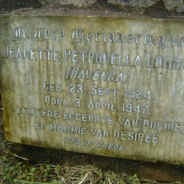 LOMBARD Jeanette Petronella nee HAVENGA 1924-1947