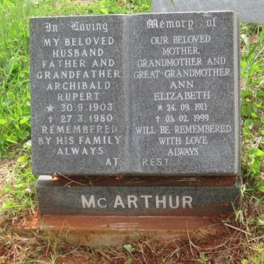 McARTHUR Archibald Rupert 1903-1980 &amp; Ann Elizabeth 1911-1999