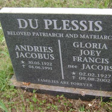 PLESSIS Andries Jacobus, du 1922-1991 &amp; Gloria Joey Francis JACOBS 1927-2002