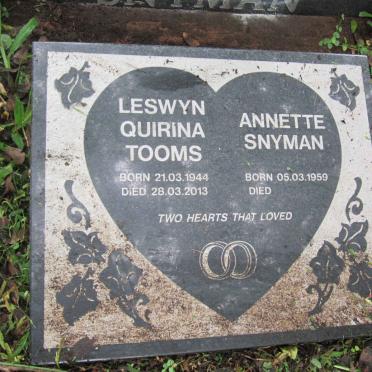 SNYMAN Anna M.E.M. 1916-1989 :: SNYMAN Theunis 1946-1983 :: TOOMS Leswyn Quirina 1944-2013 &amp; Annette SNYMAN 1959-
