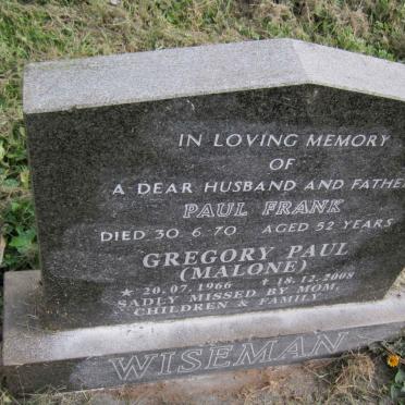 WISEMAN Paul Frank -1970 :: WISEMAN Gregory Paul 1966-2008 :: WISEMAN Audrey Phyllis 1929-2016 