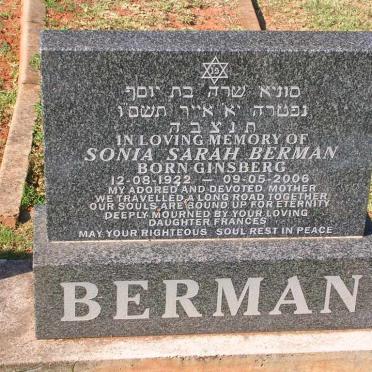 BERMAN Sonia Sarah nee GINSBERG 1922-2006
