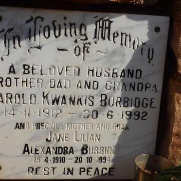 BURBIDGE Harold Kwankis 1912-1992 &amp; Jane Lilian Alexandra 1910-1994