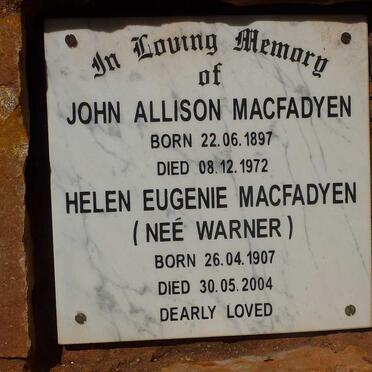 MACFADYEN John Allison 1897-1972 &amp; Helen Eugenie WARNER 1907-2004