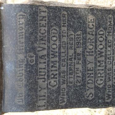 GRIMWOOD Sydney Horace -1958 &amp; Lily Julia Vincent -1931