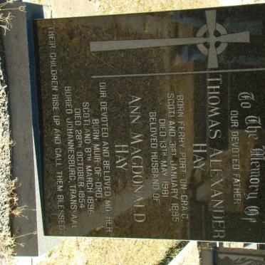 HAY Thomas Alexander 1895-1981 &amp; Ann Macdonald 1896-1954