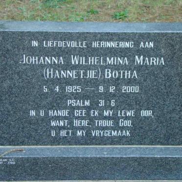 BOTHA Johanna Wilhelmina Maria 1925-2000