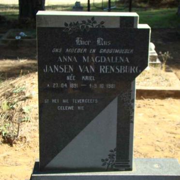 RENSBURG Anna Magdalena, Jansen van nee KRIEL 1891-1981