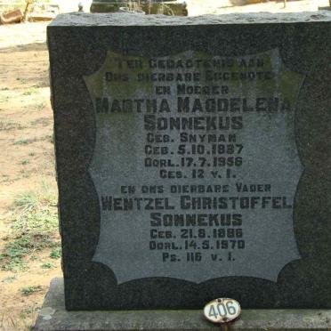 SONNEKUS Wentzel Christoffel 1886-1970 &amp; Martha Magdelena SNYMAN 1887-1956