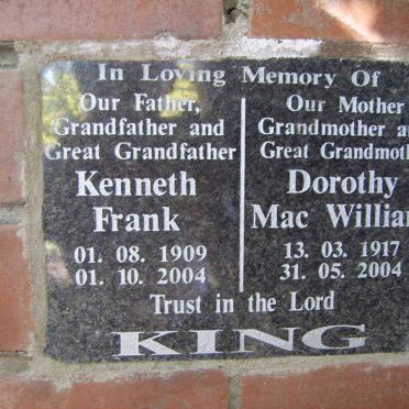 KING Kenneth Frank 1909-2004 &amp; Dorothy Mac William 1917-2004