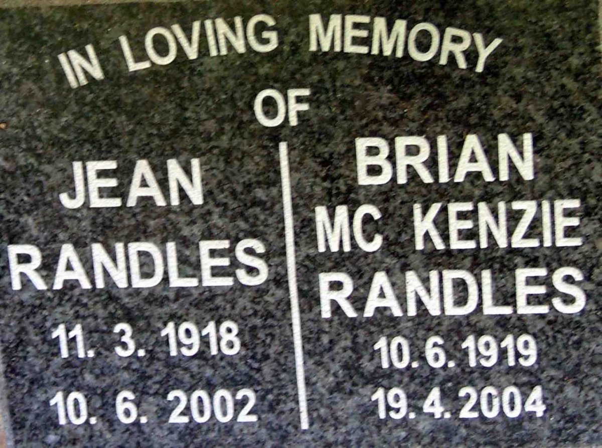 RANDLES Brian Mc Kenzie 1919-2004 &amp; Jean 1918-2002