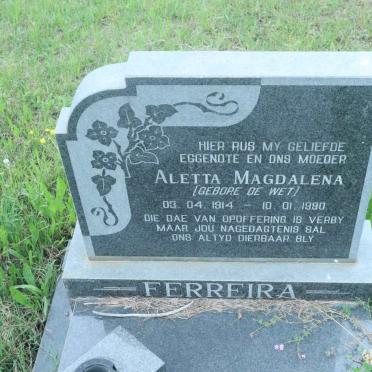 FERREIRA Aletta Magdalena nee DE WET 1914-1990