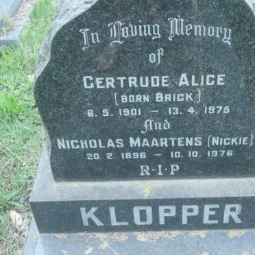 KLOPPER Nicholas Maartens 1896-1976 &amp; Gertrude Alice BRICK 1901-1975