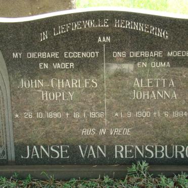RENSBURG John Charles Hoply, Janse van 1890-1936 &amp; Aletta Johanna 1900-1984