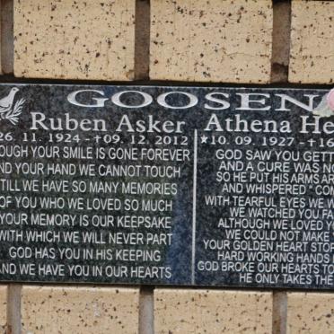 GOOSEN Ruben Asker 1924-2012 &amp; Athena Helen 1927-2012