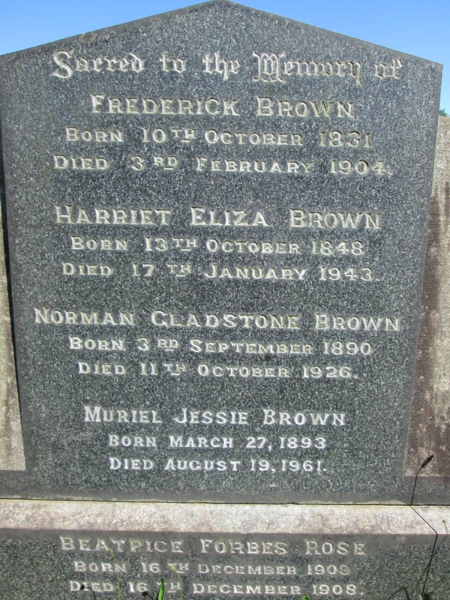 BROWN Frederick 1831-1904 &amp; Harriet Eliza 1848-1943 :: BROWN Norman Gladstone 1890-1926 &amp; Muriel Jessie 1893-1961