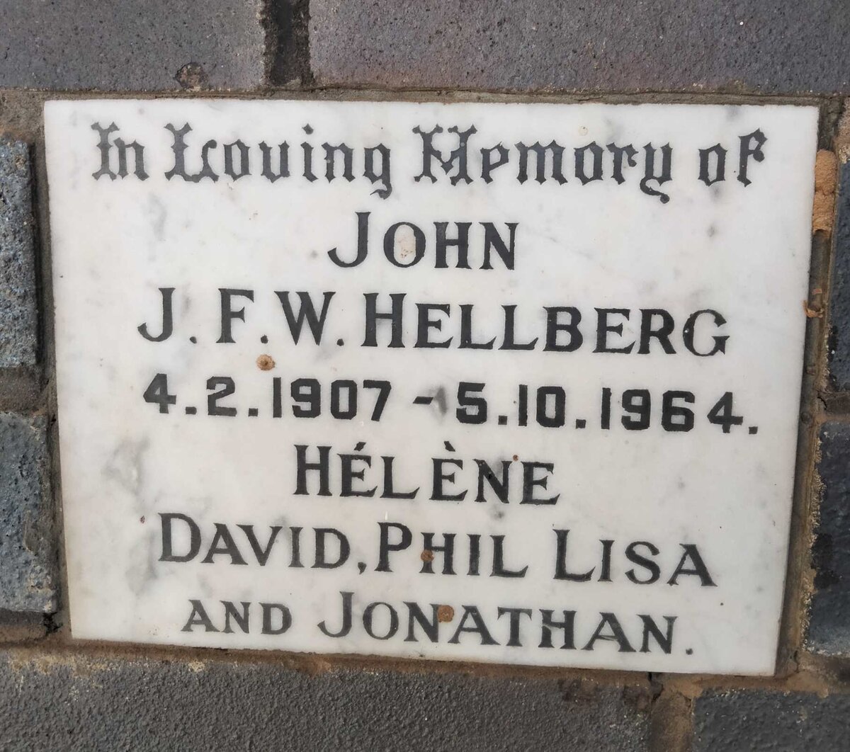 HELLBERG John J.F.W. 1907-1964