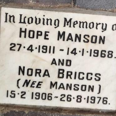 MANSON Hope 1911-1968 :: BRIGGS Nora, nee MANSON 1906-1976