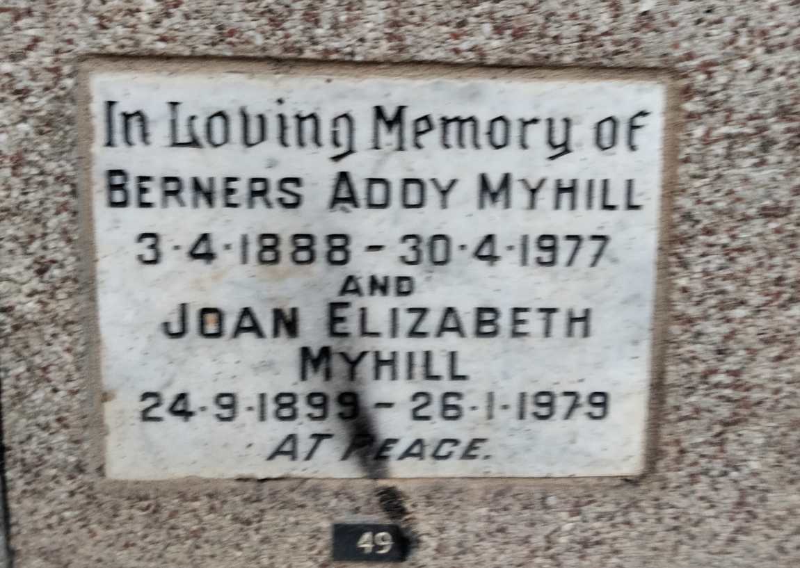 MYHILL Berners Addy 1888-1977 & Joan Elizabeth 1899-1978