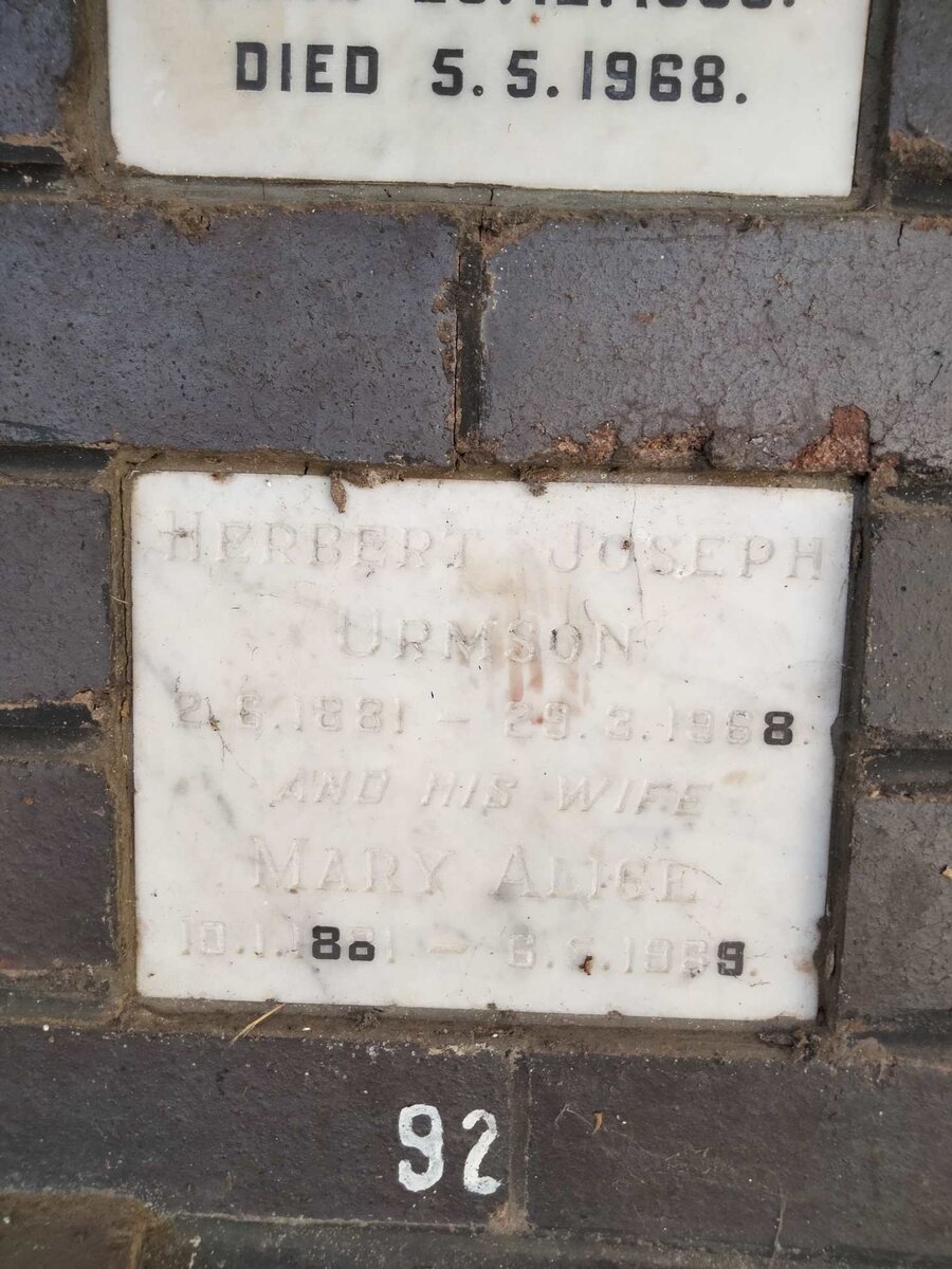 URMSON Herbert Joseph 1881-1968 & Mary Alice 1881-1969