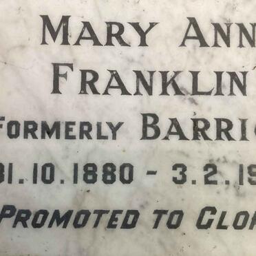 FRANKLIN Mary Ann formerly BARRICK 1880-1959
