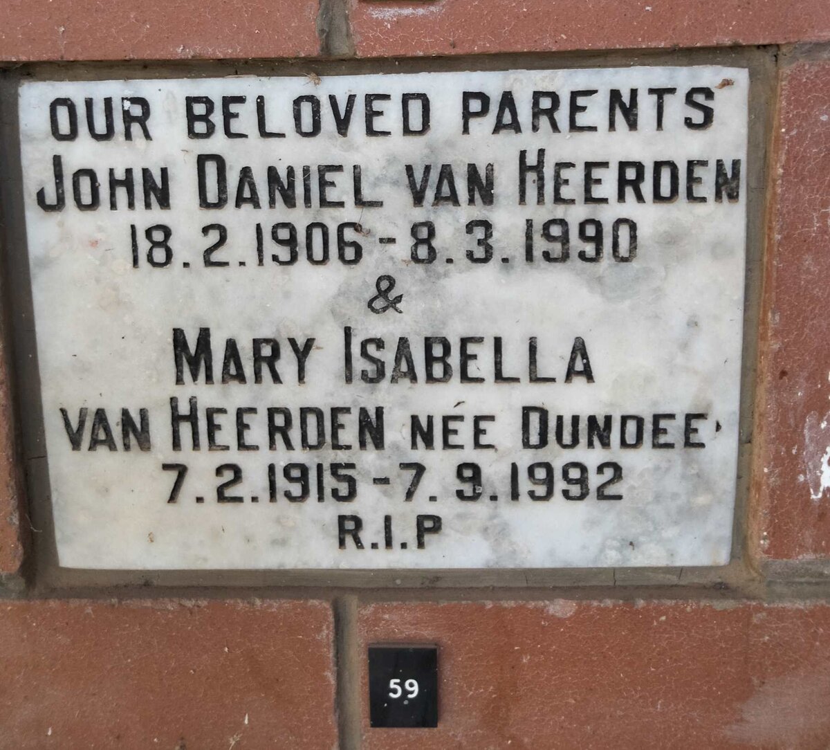HEERDEN John Daniel, van 1906-1990 & Mary Isabella DUNDEE 1915-1992