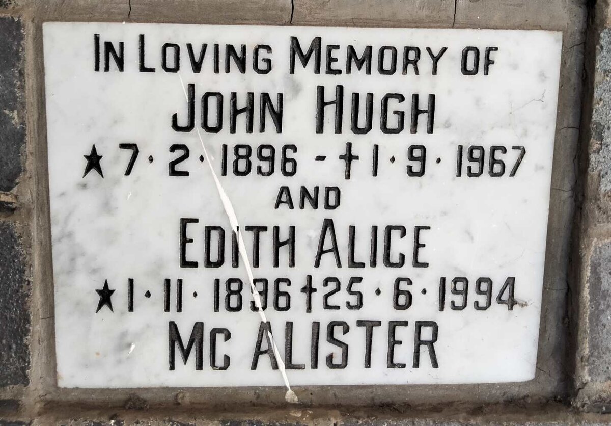 MCALISTER John Hugh 1896-1967 & Edith Alice 1896-1994
