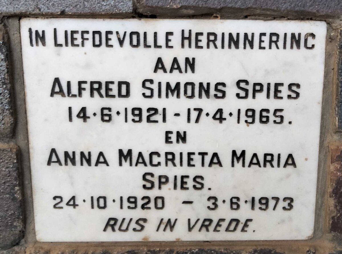 SPIES Alfred Simons 1921-1965 & Anna Magrieta Maria 1920-1973