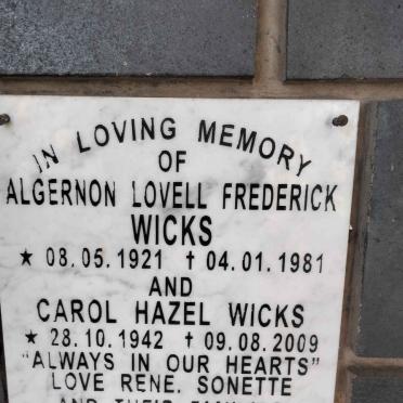 WICKS Algernon Lovell Frederick 1921-1981 :: WICKS Carol Hazel 1942-2009
