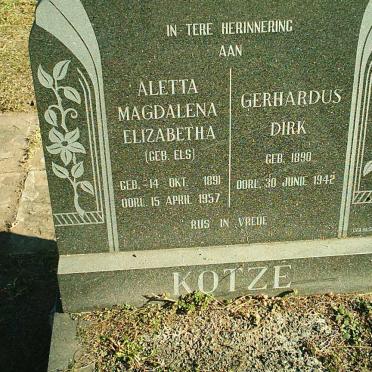 KOTZE Gerhardus Dirk 1890-1942 &amp; Aletta Magdalena Elizabetha ELS 1891-1957