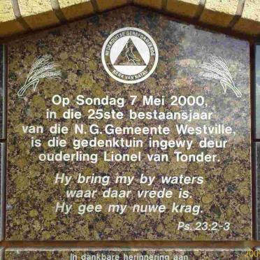 1. Gedenktuin ingewy 25/5/2001 deur ouderling Lionel van Tonder