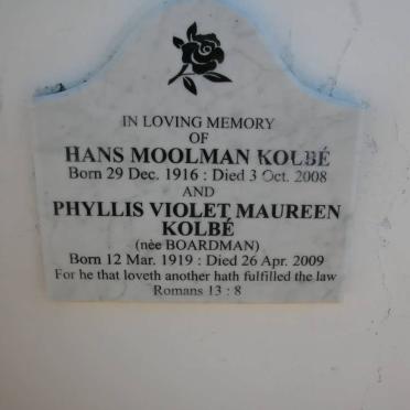 KOLBE Hans Moolman 1916-2008 &amp; Phyllis Violet Maureen BOARDMAN 1919-2009