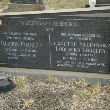 GROBLER Jacobus Francois 1901-1968 &amp; Jeanette Stefansina Lodewika VERMAAK 1902-1989